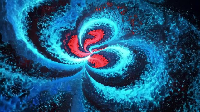 Witness the stunning display of a blue galaxy in motion, showcasing swirling patterns and a glowing red core against a dark celestial backdrop. Explore the beauty of the universe.