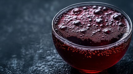 dark red, carbonated beverage in a clear glass. The drink is filled with bubbles rising to the surface, displaying effervescence. The color is a deep, rich red, suggesting a vibrant, sweet flavor. The