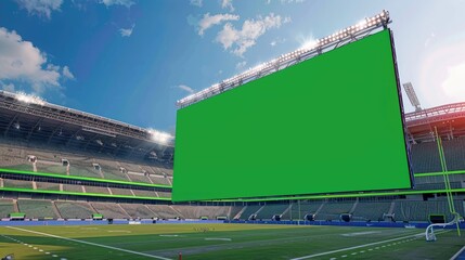 Blank green screen billboard on football field in empty stadium, ideal for customized digital signage and advertising