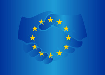 Flag of Europe. Symbol of the European Union Circle of bright, golden stars isolated on a blue background, handshake, friendship, cooperation, communication, cooperation, protection
