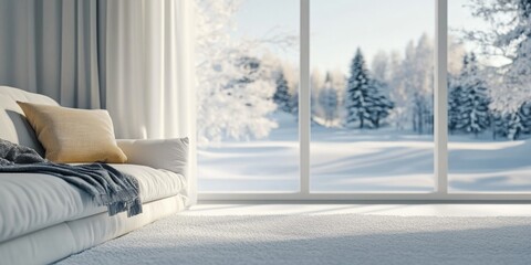 Chic, modern living room bathed in soft light from large windows. Plush couch and warm tones evoke cozy comfort. Perfect for holiday celebrations.