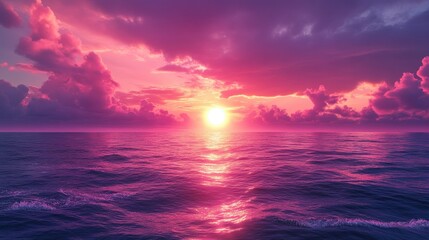 Obraz premium Stunning purple sunset over calm ocean with dramatic clouds and reflective water surface