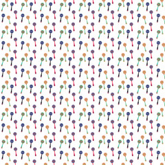 Colorful maracas background with long handle and round patterned top in bright shades.