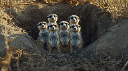A group of meerkats standing guard at the entrance of their burrow