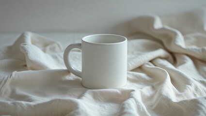 Flat Lay of a White Ceramic Mug on a Linen Fabric Surface