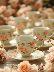 Fototapeta premium Elegant floral teacups saucers create a charming, sophisticated scene, perfect for blogs, websites, or advertisements showcasing delicate home goods, bridal showers, or afternoon tea.
