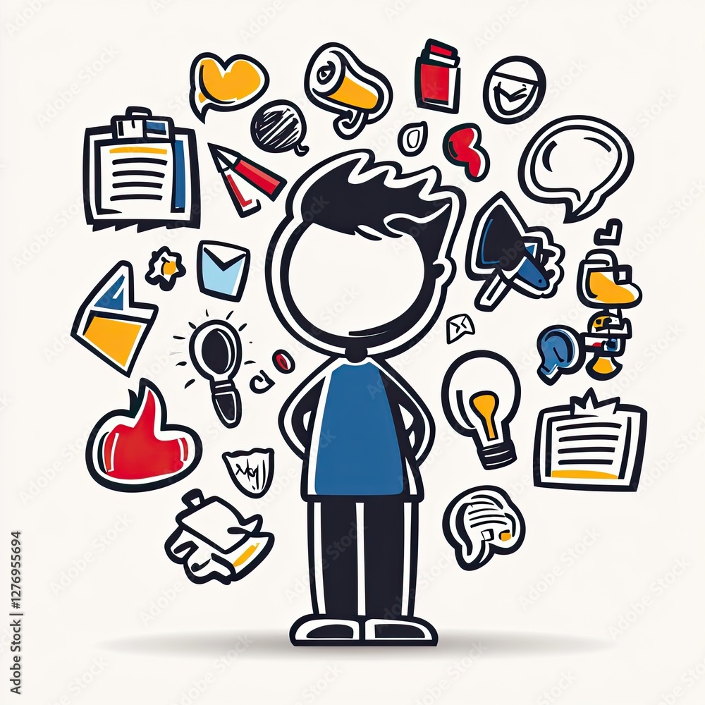 Poster abstract man surrounded by icons representing communication and ideas