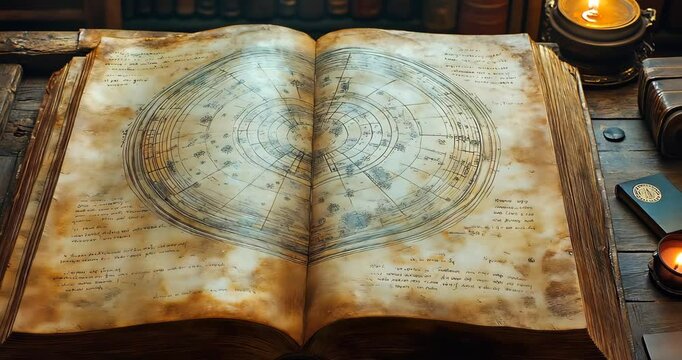 An ancient book lies open, revealing a detailed map or chart, possibly astronomical or astrological.