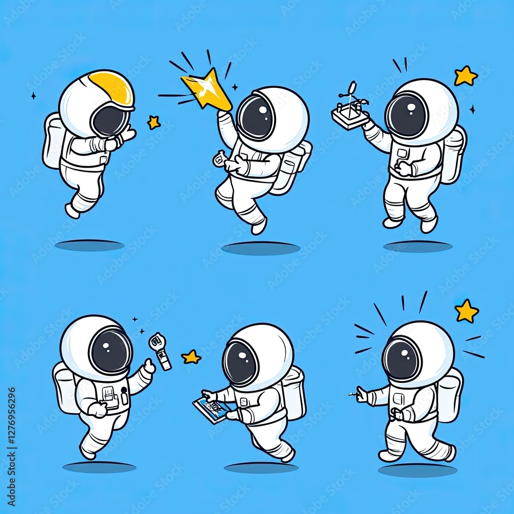 Poster astronaut doing various activities in space, using toys and exploring. editable for children's books
