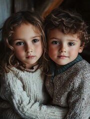 Two children, a boy and a girl, in winter attire, sharing a close embrace.