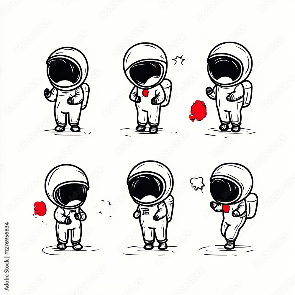 Poster astronauts in spacesuits with various emotional expressions and poses on a white surface