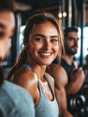 Obraz premium Young woman with radiant smile looking directly at the camera, standing in a gym environment, workout attire, dumbbell weights in background.