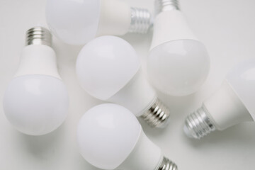 LED bulbs with E27 base on white background. Top view. Multiple LED Lights.