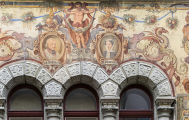 Painted facade of an old house in the old town of Konstanz, Constance, Germany	

