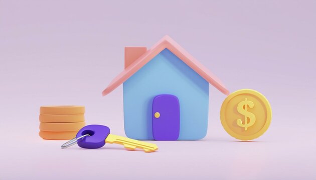 First home buyer concept. Colorful house model with keys and a dollar coin on a pink background.