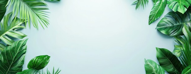 Naklejka premium Tropical leaves frame. Green color tropics foliage on a light blue solid background. Empty space in a center for product presentation. Flat lay, top view, copy space. Summer concept, minimalists style