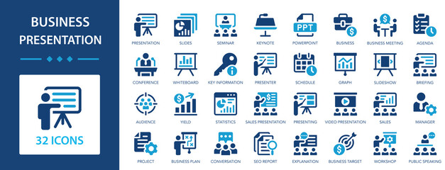 Business presentation icon set. Meeting, seminar, conference, sales presentation, keynote, business people.
