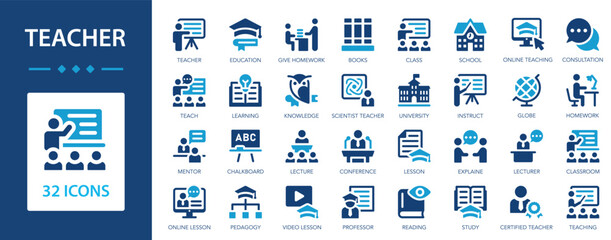 Teacher icon set. Education, teach, learning, lesson, knowledge, books, instruct, class, video lesson.