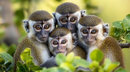 A group of monkeys grooming each other in the trees