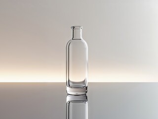 Empty Clear Glass Bottle Standing on a Reflective Surface with Soft Lighting for Product Design and Branding Concepts