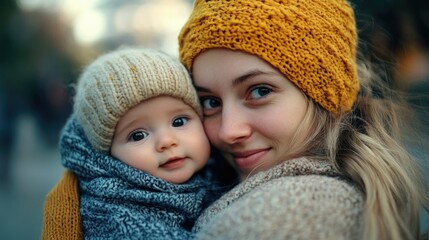 A tender snapshot of a woman holding her baby, set against the backdrop of a bustling city street.