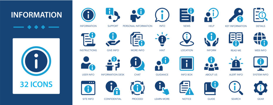 Information icon set. Info, support, manual, guide, inform, rule, instructions, help.