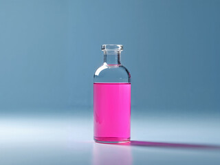 High Resolution Picture of Bottle of Pink Liquid Sits on a Blue Background.