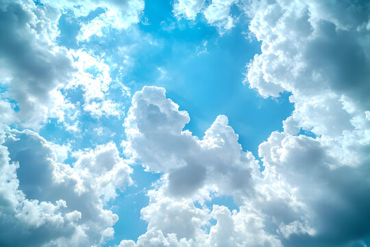 Bright blue sky with fluffy white clouds during daytime illuminating a peaceful atmosphere