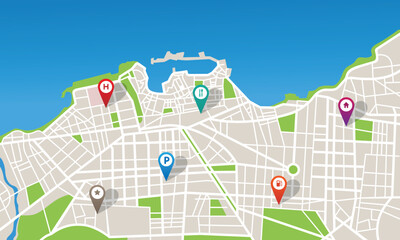 City vector map with navigation icons
