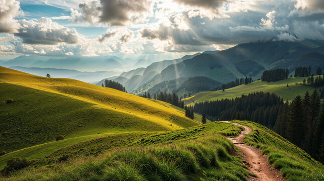 Scenic Mountain Landscape with Rolling Green Hills and Dramatic Sun Rays