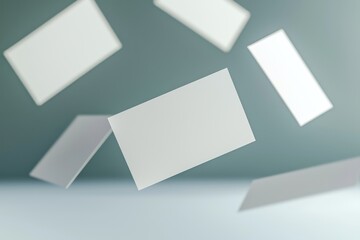 Abstract floating business card mockup showcasing white cards in dynamic motion against a blurred background for modern branding presentation