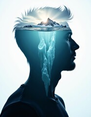 Iceberg concept of the subconscious mind's depth male silhouette portrait