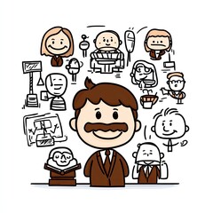 Cartoon character with doodle background presenting a historical subject matter