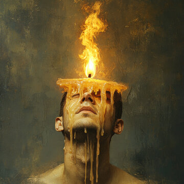 Melting candle male head symbolizes burnout, stress, emotional exhaustion