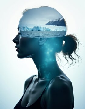 Iceberg concept of the subconscious mind's depth female silhouette portrait