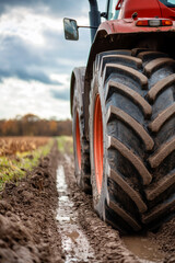 Low view of close up of tractor tires on a dirt road among agriculture field in autumn day. Season agricultural work. Vertical banner