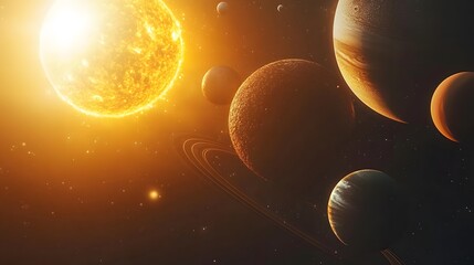A vibrant depiction of the solar system with the sun and various planets.