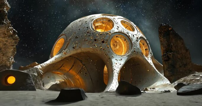 Futuristic moon base with glowing windows under a starry night sky.