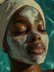 Fototapeta premium Relaxation beauty facial in white tub, woman with mask and closed eyes.