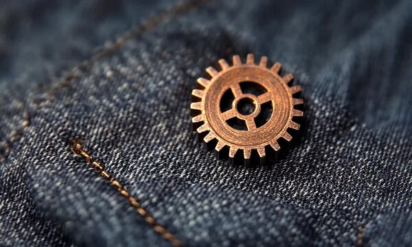 This close-up image showcases a vintage gear emblem beautifully placed on textured denim fabric, highlighting the intricate details and craftsmanship.