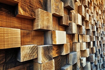A close-up photograph revealing a textured wooden wall composed of numerous rectangular wooden blocks, each with unique grain patterns and a warm, rustic feel.