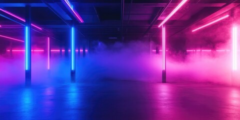 Vibrant neon pink and purple fog effects in a dark warehouse with metal beams and grid flooring.
