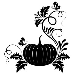 Black and white decorative pattern with pumpkin, swirls, leaves, butterflies and ladybug, Fantasy art wall design.