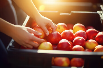 Shopper picking apples at farmers market. Woman's hands picking ripe juicy organic apples fruits