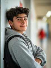 A young man with short hair, smiling slightly and leaning against a wall. He wears a hoodie and appears relaxed and casual.