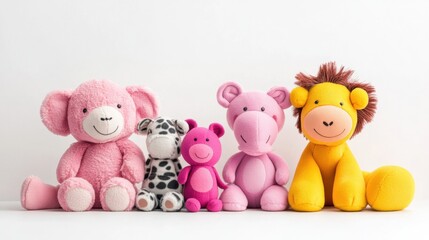 A colorful collection of plush toys including a monkey, cow, pig, and lion arranged on a white background