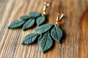 Handmade polymer clay earrings featuring green leaves on a wooden background.