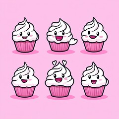 Cheerful cupcakes with cute smiles on a pink background for party invitations