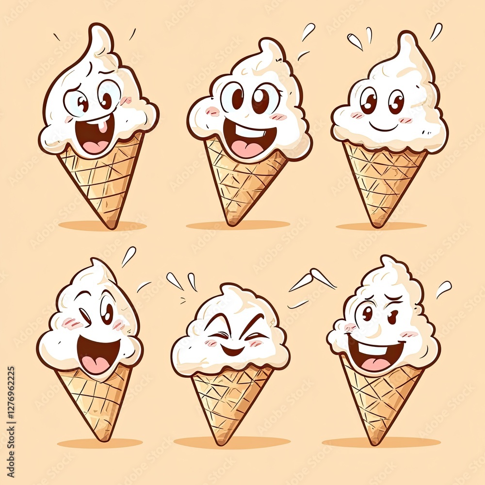 Poster cheerful ice cream cones with happy faces express different emotions on a plain background for menu 