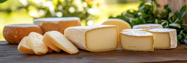 Assorted Artisan Cheeses on Wooden Board - A delightful selection of artisan cheeses, including soft and firm varieties, artfully arranged on a rustic wooden board. Perfect for cheese boards